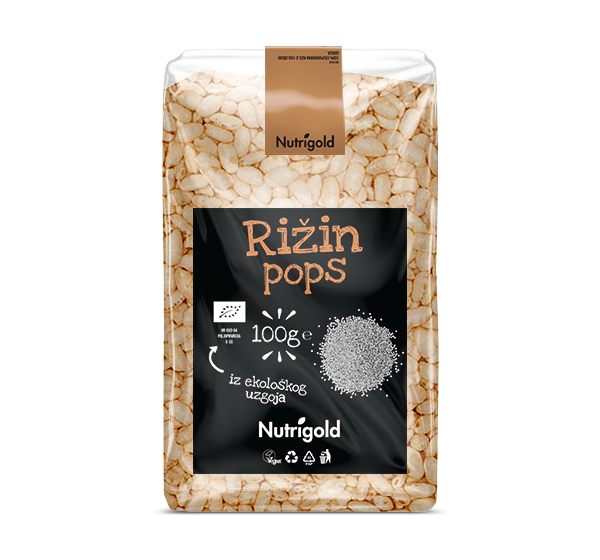 Nutrigodl rižin pops iz organskog uzgoja u prozirnoj, plastičnoj ambalaži od 100 grama.