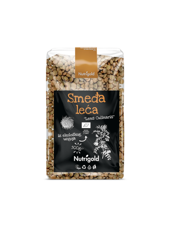 Nutrigold smeđa leća u prozirnom, plastičnom pakiranju od 500g.