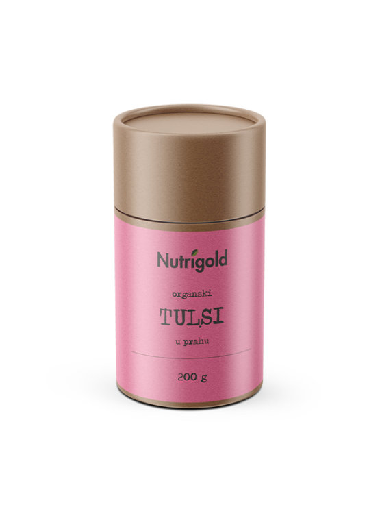 Nutrigold tulsi u prahu u tamnoj, karstonskoj ambalaži od 200g.