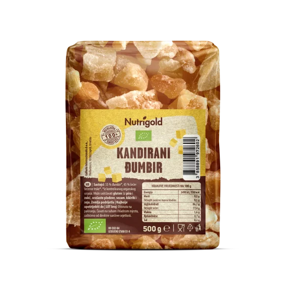 Nutrigold kandirani đumbir Organski u prozirnoj plastičnoj ambalaži 500 g