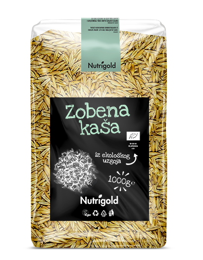 Nutrigold zobena kaša iz organskog uzgoja u plastičnoj prozirnoj ambalaži od 1000 grama.