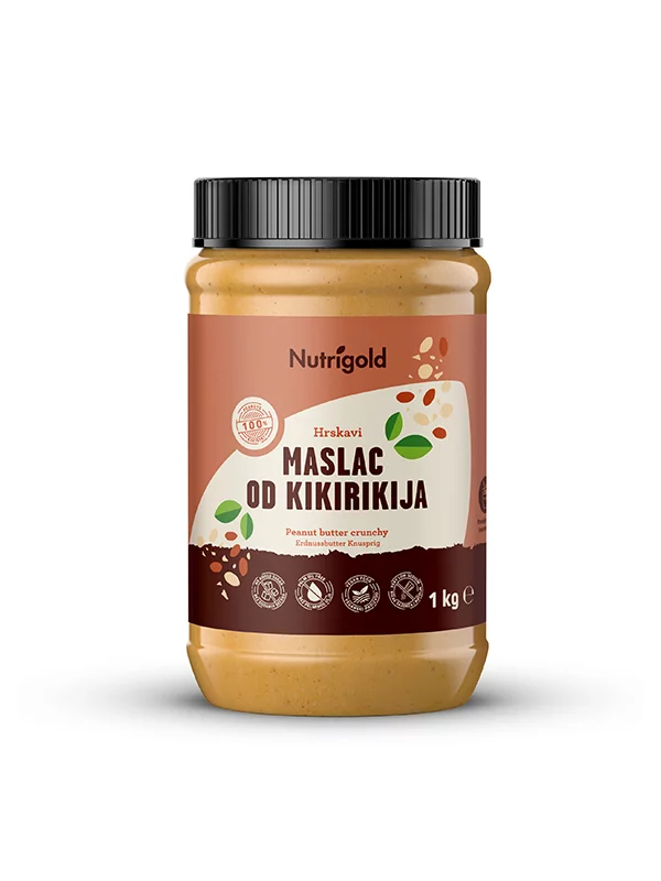 Nutrigold maslac od kikirikija je 100% čisti hrskavi maslac u prozirnoj ambalaži od 1kg