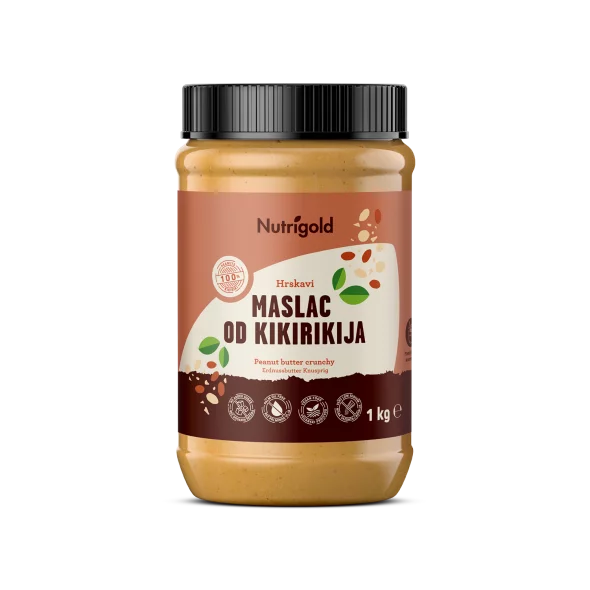Nutrigold maslac od kikirikija je 100% čisti hrskavi maslac u prozirnoj ambalaži od 1kg