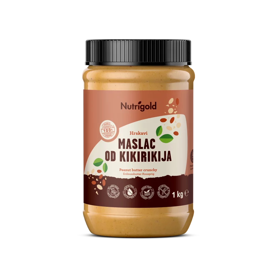 Nutrigold maslac od kikirikija je 100% čisti hrskavi maslac u prozirnoj ambalaži od 1kg