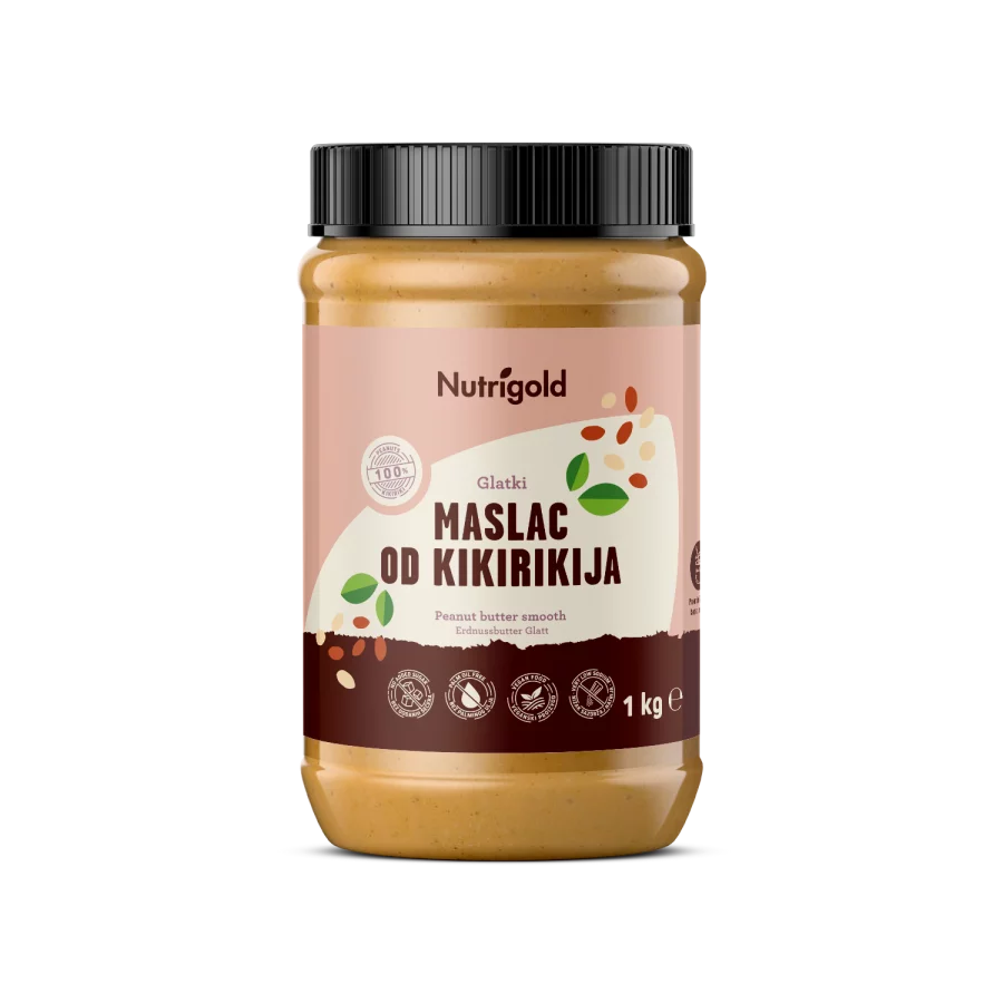Maslac od kikirikija glatki od 1000g u plastičnoj valjkastoj  ambalaži sa poklopcem