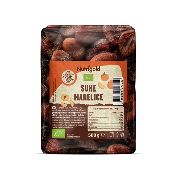 Nutrigold sušene marelice u prozirnoj, plastičnoj ambalaži od 500g.