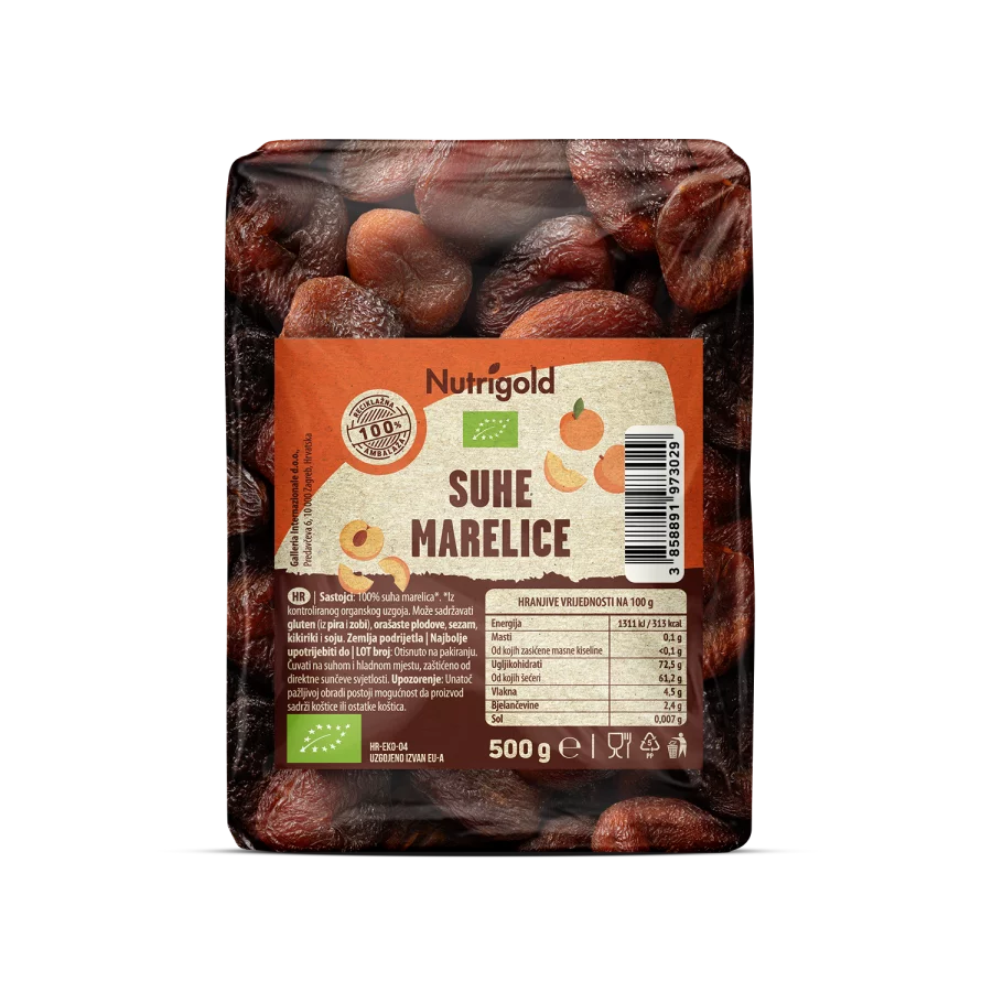 Nutrigold sušene marelice u prozirnoj, plastičnoj ambalaži od 500g.