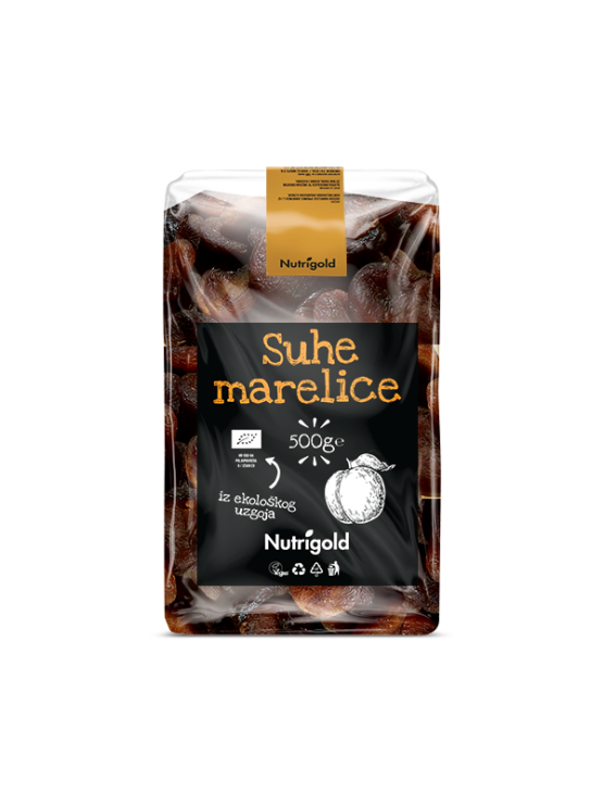 Nutrigold sušene marelice u prozirnoj, plastičnoj ambalaži od 500g.