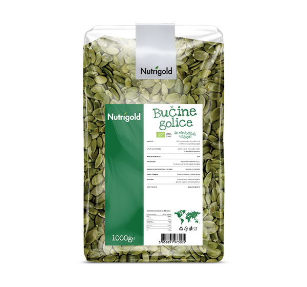 Nutrigold bučine golice iz organskog uzgoja u plastičnoj prozirnoj ambalaži od 1000 grama.