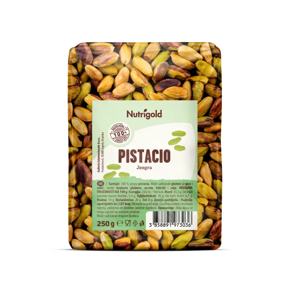 Pistacio sirov jezgra dolazi u rozirnoj, plastičnoj ambalaži od 250g.