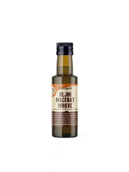 Nutrigold uljni macerat mrkve u tamnoj, staklenoj ambalaži od 100ml.
