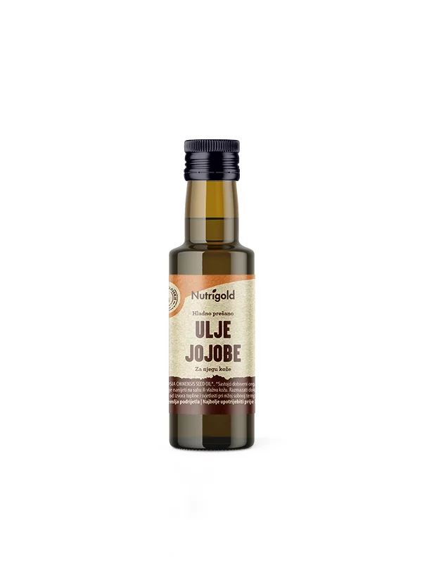 Nutrigold ulje jojobe u tamnoj, staklenoj bočici od 100ml.
