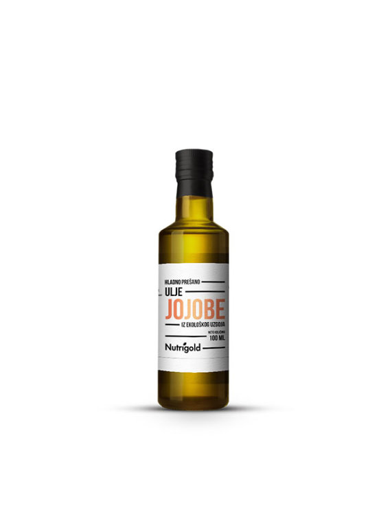 Nutrigold ulje jojobe u tamnoj, staklenoj bočici od 100ml.