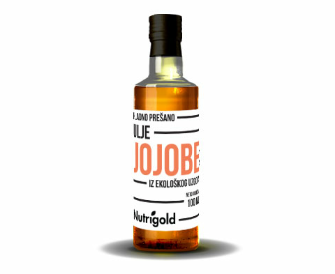 Nutrigold hladno prešano ulje jojobe iz organskog uzgoja u staklenoj boci od 100 ml.