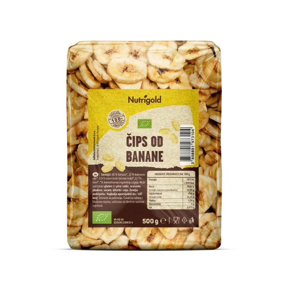 Nutrigold organski čips od banane u prozirnom pakiranju od 500 g