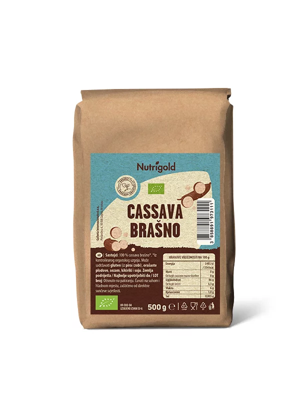Nutrigold organsko Cassava brašno u smeđoj ambalaži od 500g