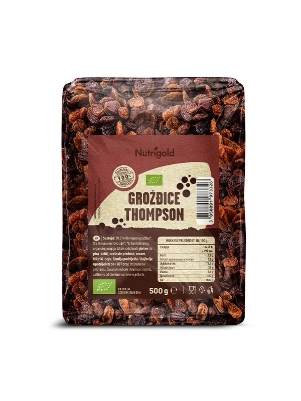 Nutrigold Thompson grožđice u plastičnoj, prozirnoj ambalaži od 500g.