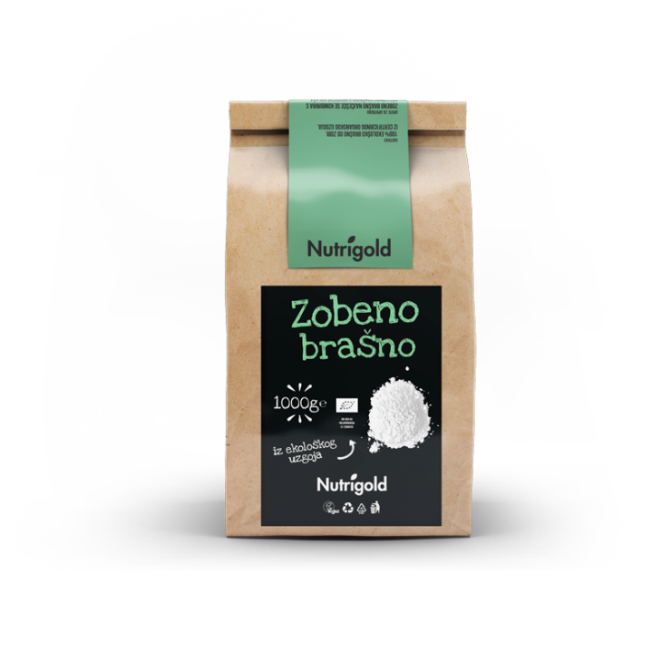 Nutrigold zobeno brašno u tamnom, kartonskom pakiranju od 1000g.