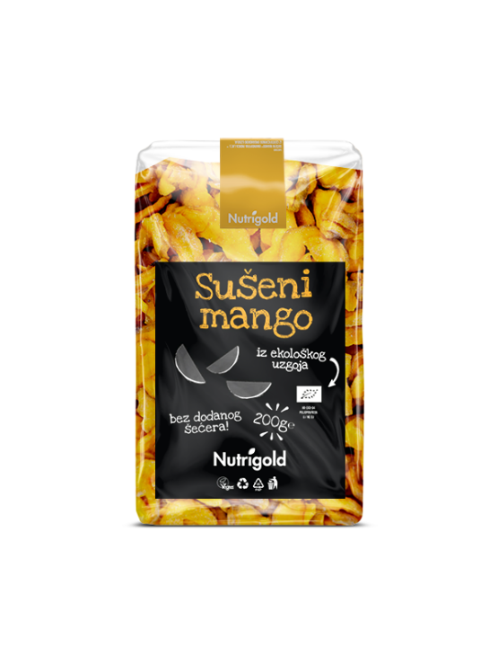 Nutrigold sušeni mango u prozirnoj, plastičnoj ambalaži od 500g.