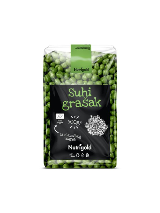Nutrigold suhi grašak zelenu u plastičnom,prozirnom pakiranju od 500g.
