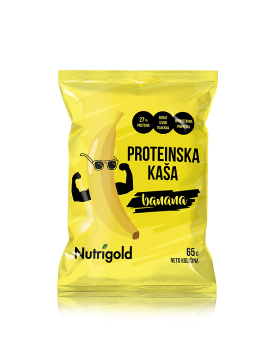 Nutrigold proteinska kaša banana dolazi u plastičnom pakiranju od 65g.