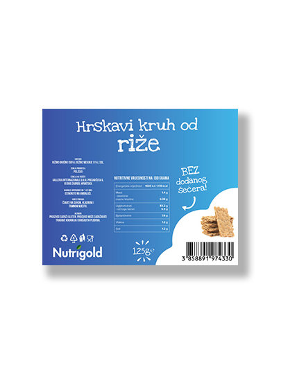 Nutrigold rižin kruh hrskavi u prozirnom, plastičnom pakiranju od 125g.