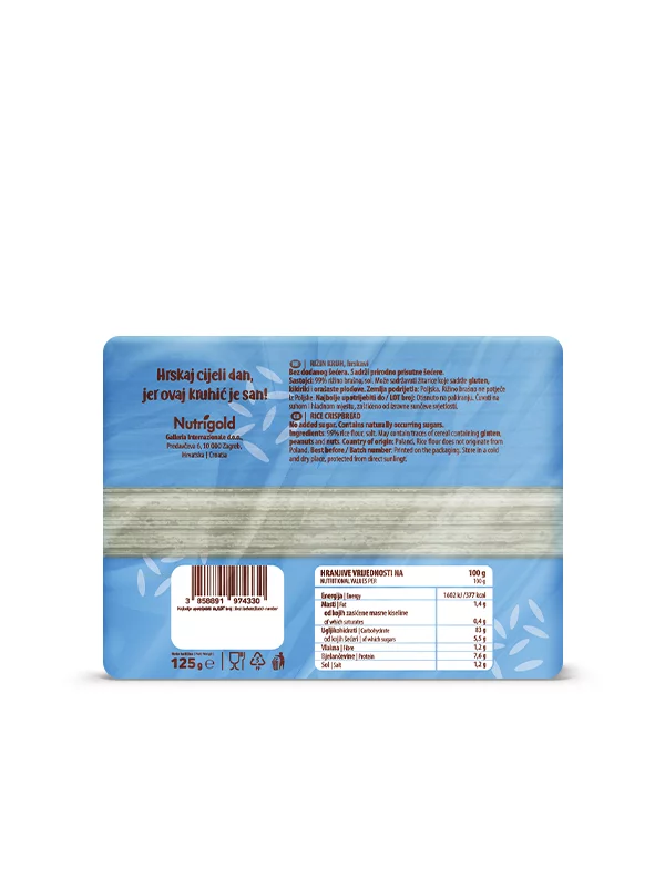 Nutrigold rižin kruh hrskavi u prozirnom, plastičnom pakiranju od 125g.