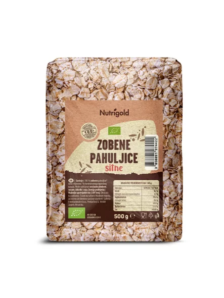 Nutrigold sitne zobene pahuljice u prozirnoj, plastičnoj ambalaži od 500g.