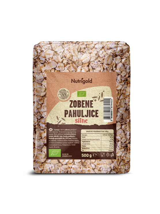 Nutrigold sitne zobene pahuljice u prozirnoj, plastičnoj ambalaži od 500g.