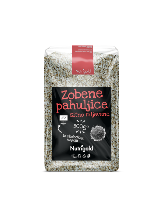 Nutrigold sitne zobene pahuljice u prozirnoj, plastičnoj ambalaži od 500g.
