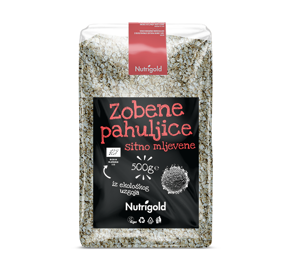 Sitno mljevene Nutrigold zobene pahuljice u plastičnoj prozirnoj ambalaži od 500 grama.