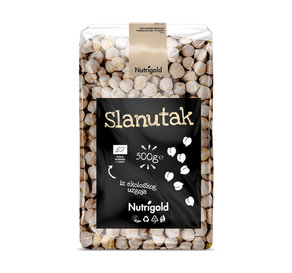 Organski Nutrigold slanutak u prozirnoj plastičnoj ambalaži od 500g.