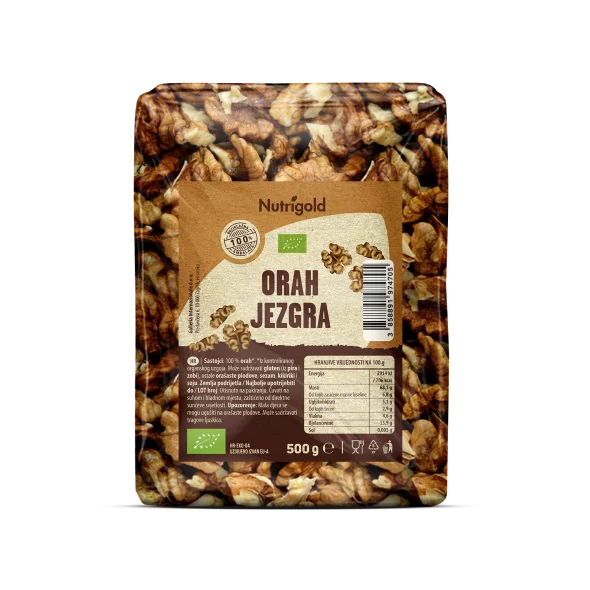 Nutrigold orah jezgra dolazi u plastičnoj, prozirnoj ambalaži od 500g.