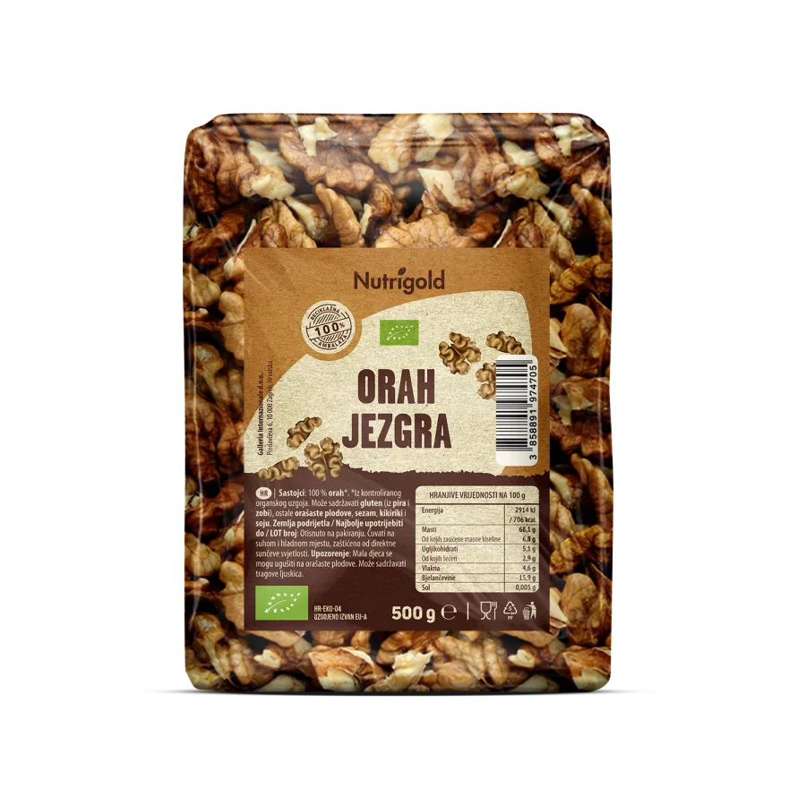 Nutrigold orah jezgra dolazi u plastičnoj, prozirnoj ambalaži od 500g.