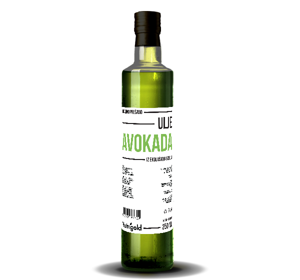 Nutrigold ulje avokada iz certificiranog organskog uzgoja u staklenoj boci od 250 ml.