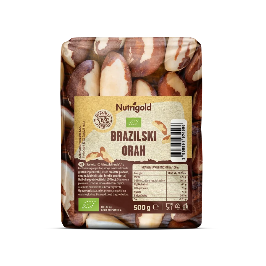 Organski Nutrigold brazilski orasi u plastičnoj prozirnoj ambalaži od 500 grama