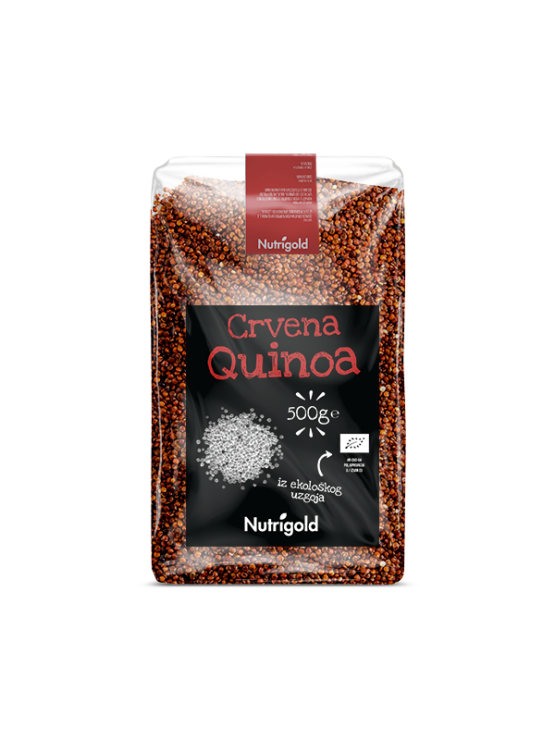 Nutrigold crvena quinoa dolazi u plastičnom, prozirnom pakiranju od 500g.