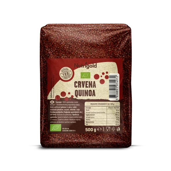 Nutrigold crvena quinoa dolazi u plastičnom, prozirnom pakiranju od 500g.