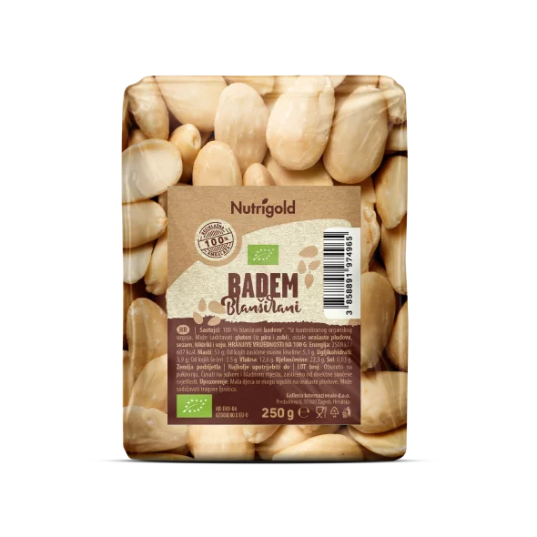 Nutrigold organski blanširani badem u prozirnoj ambalaži 250 grama