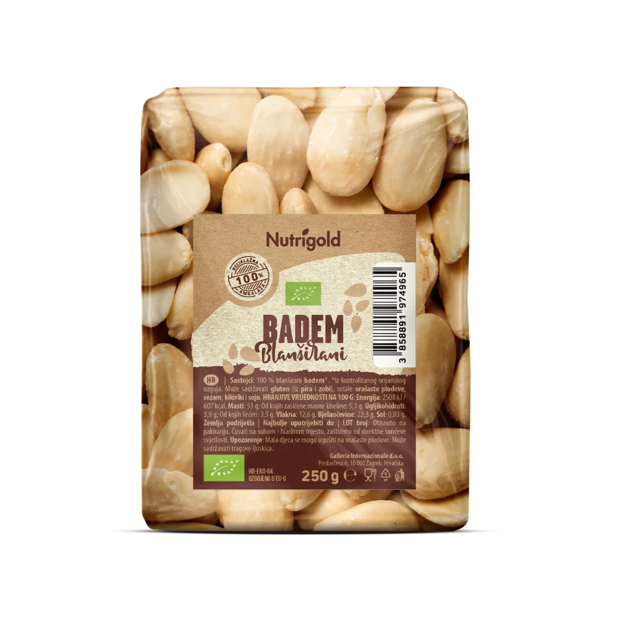 Nutrigold organski blanširani badem u prozirnoj ambalaži 250 grama