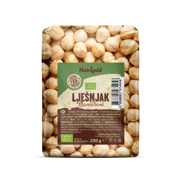 Nutrigold organskiširani lješnjaci u prozirnoj ambalaži od 250 grama blan