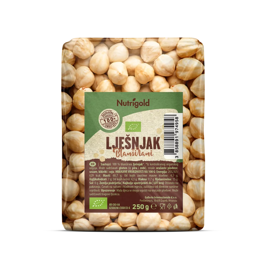 Nutrigold organskiširani lješnjaci u prozirnoj ambalaži od 250 grama blan