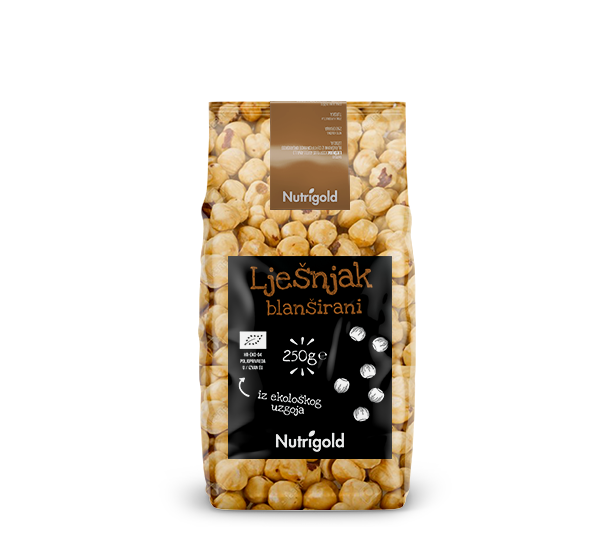 Nutrigold blanširani lješnjak iz certificiranog organskog uzgoja u prozirnoj plastičnoj ambalaži od 250 grama.