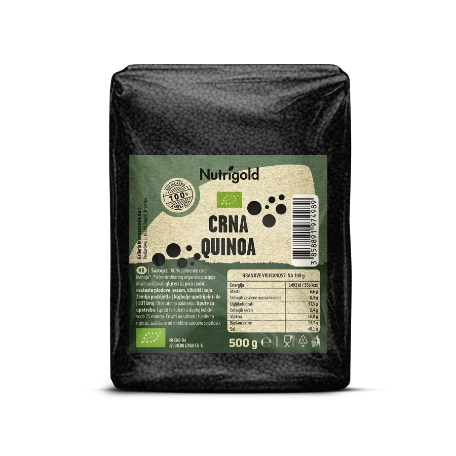 Nutrigold quinoa crna dolazi u prozirnom, plastičnom pakiranju od 500g.