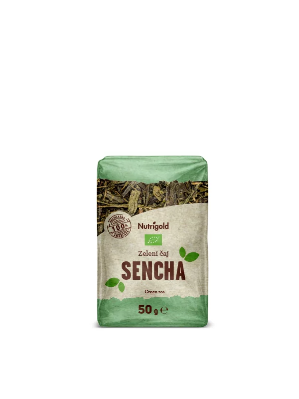 Nutrigold zeleni čaj Sencha u prozirnoj, plastičnoj ambalaži od 50g.