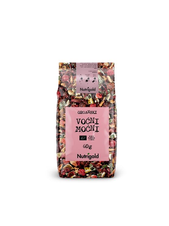 Nutrigold voćni moćni čaj dolazi u prozirnoj, plastičnoj ambalaži od 60g.