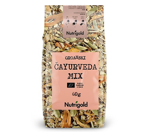 Nutrigold organski čaj čayurveda mix u prozirnoj plastičnoj ambalaži od 60 grama.