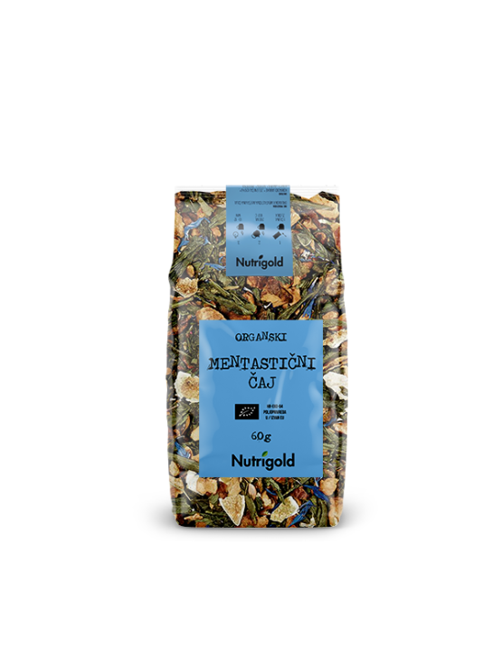 Nutrigold mentastičan čaj dolazi u prozirnoj plastičnoj ambalaži od 60g.