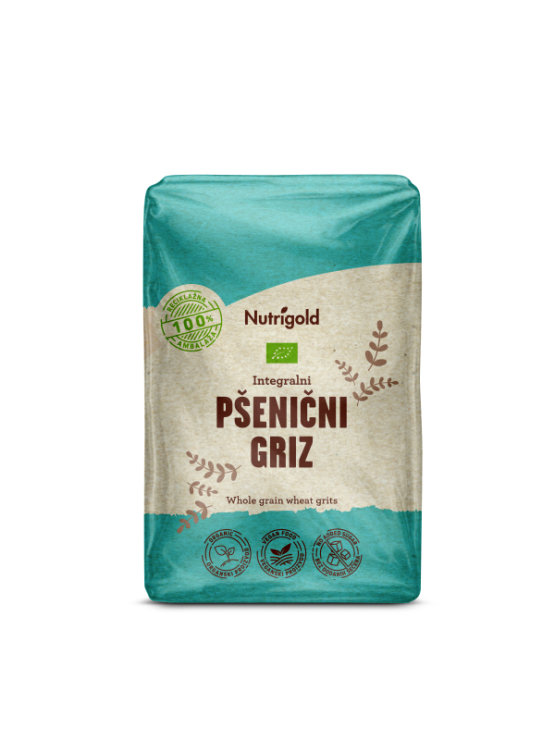 Nutrigold pšenični inteegralni griz u prozirnoj, plastičnoj ambalaži od 500g.