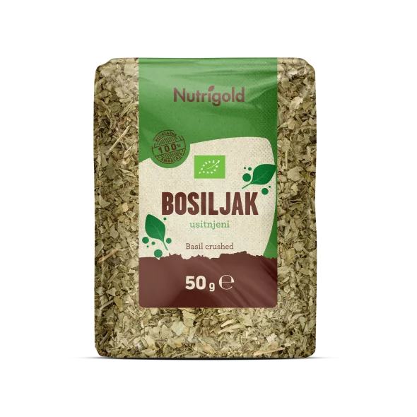 Nutrigold organski sjeckani bosiljak u prozirnoj ambalaži od 50 grama